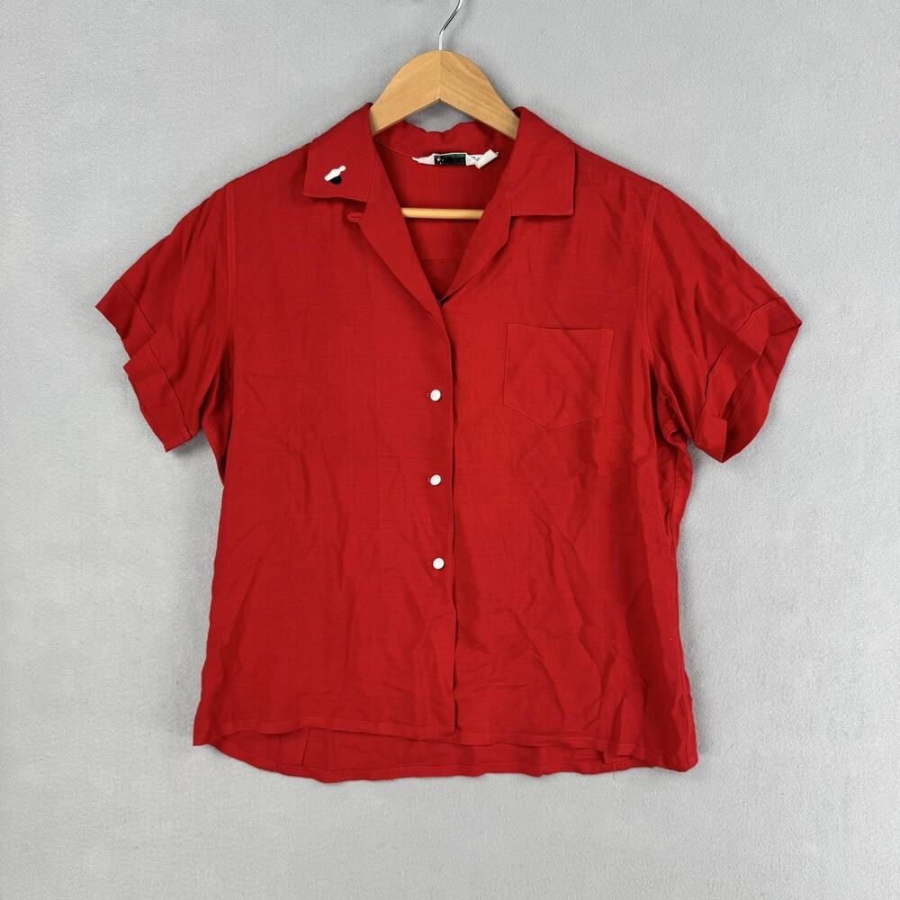 Vintage Bowling Shirt Womens 40 Red Rayon Short Sleeve Loop Collar Button Up